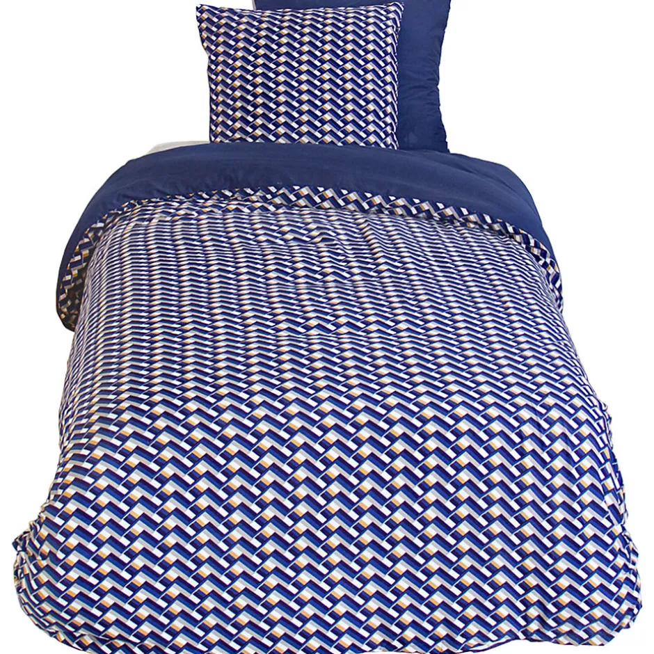 Linnea Parure de lit 140x200 cm en microfibre LOSS bleu foncé motif géométrique 2 pièces