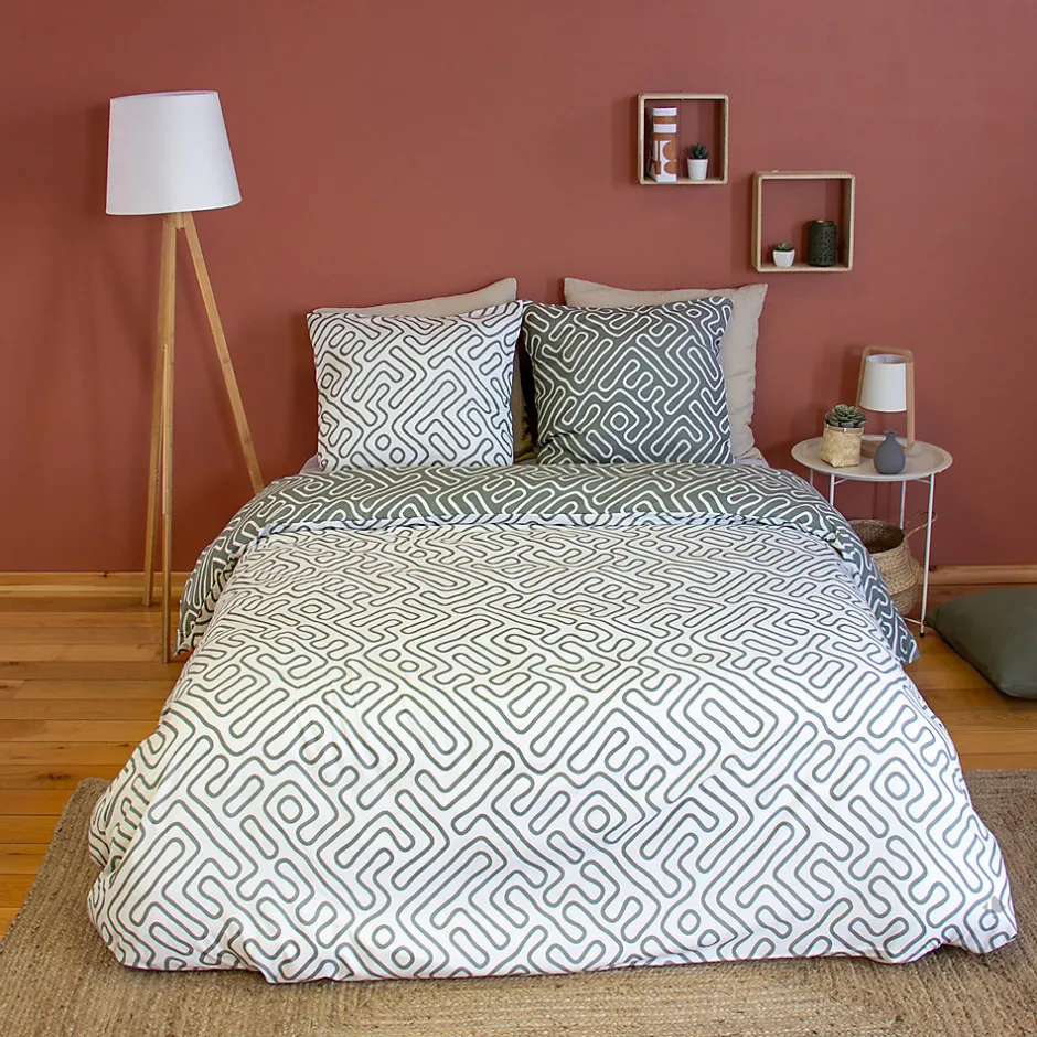 Linnea Parure de lit 240x220 cm en microfibre PARCHEMIN vert motif graphique 3 pièces