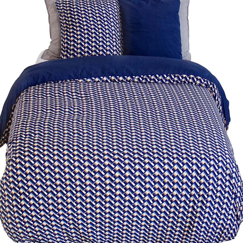 Linnea Parure de lit 260x240 cm en microfibre LOSS bleu foncé motif géométrique 3 pièces