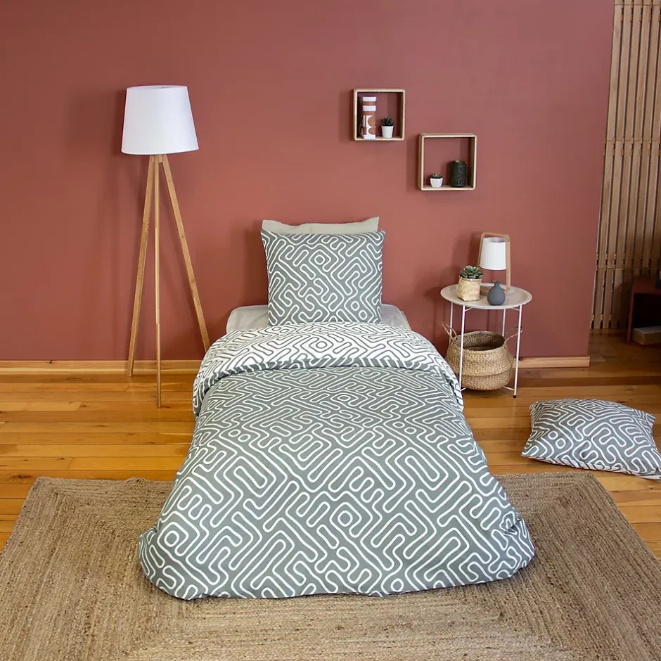 Linnea Parure de lit 140x200 cm en microfibre PARCHEMIN vert motif graphique 2 pièces Clearance