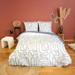Linnea Parure de lit 240x220 cm pur coton collection SIDNIE blanc motif abstrait 3 pièces