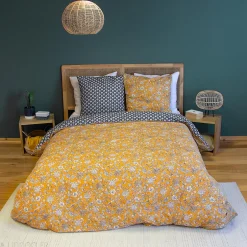 Linnea Parure de lit 260x240 cm pur coton ASCHWINI motif floral jaune 3 pièces