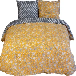 Linnea Parure de lit 260x240 cm pur coton ASCHWINI motif floral jaune 3 pièces