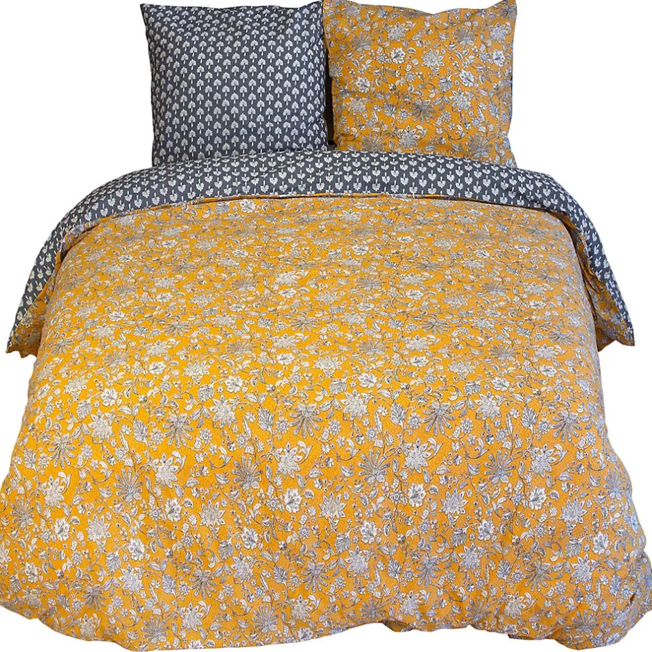 Linnea Parure de lit 260x240 cm pur coton ASCHWINI motif floral jaune 3 pièces