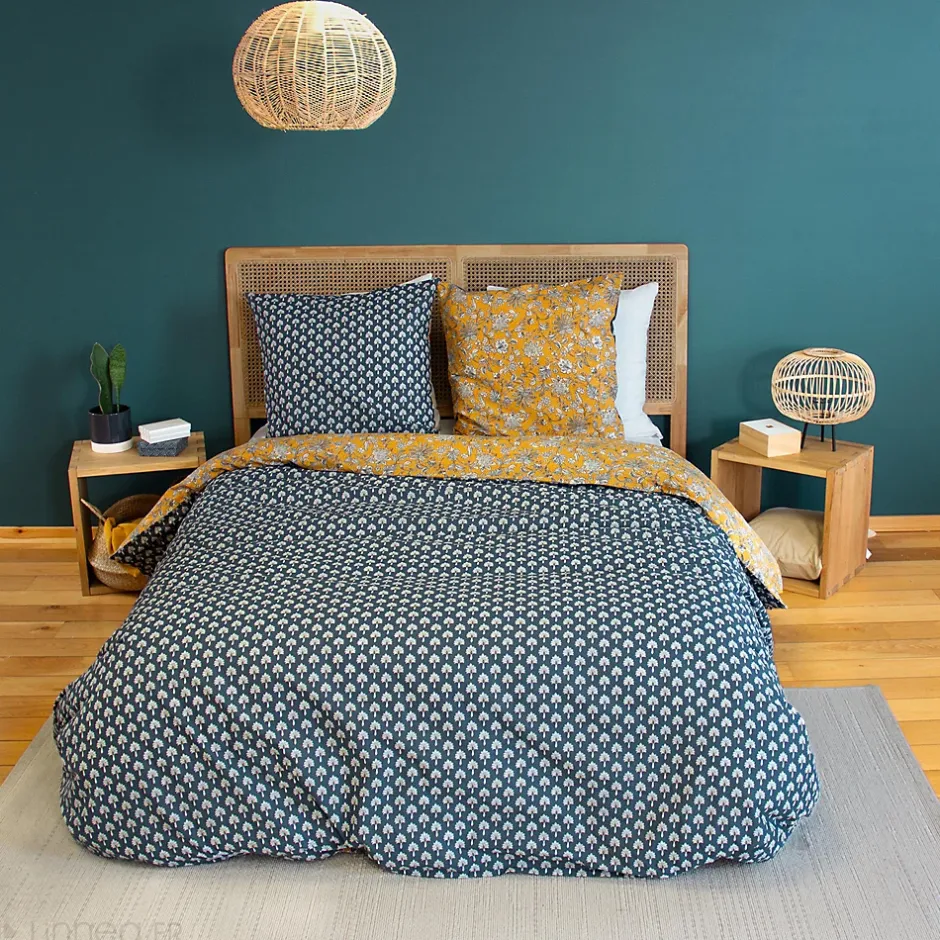 Linnea Parure de lit 240x220 cm pur coton ASCHWINI motif floral jaune 3 pièces
