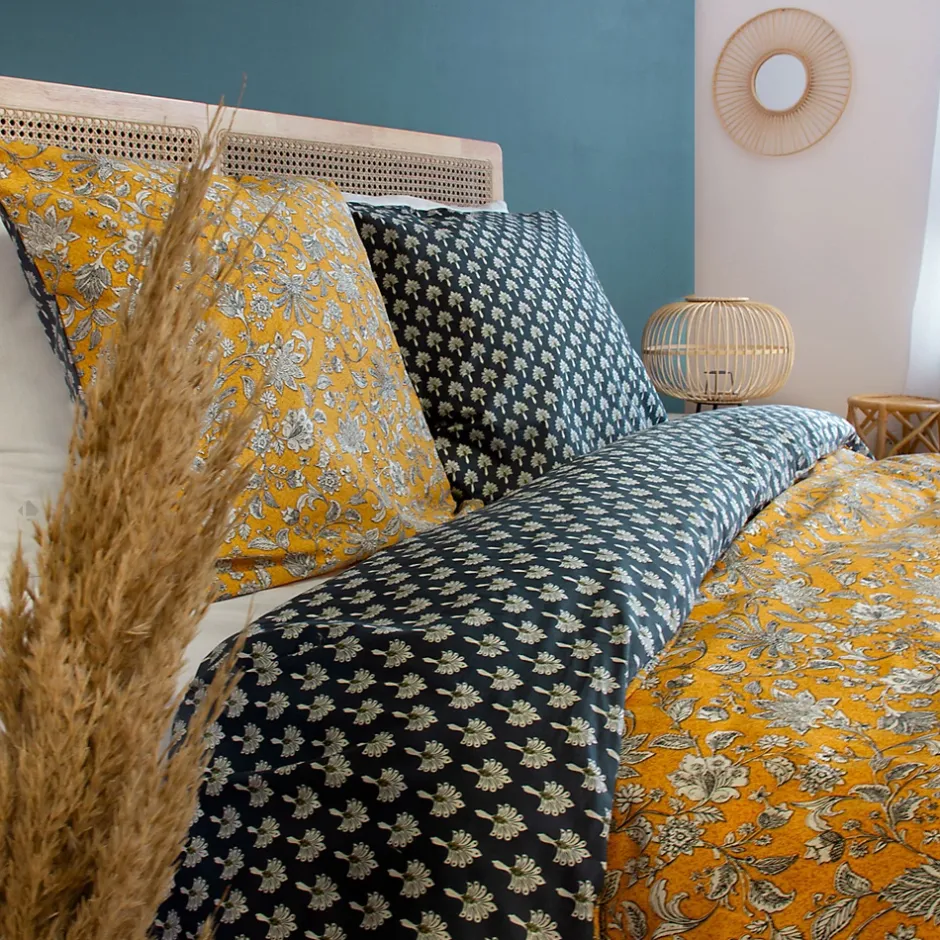 Linnea Parure de lit 240x220 cm pur coton ASCHWINI motif floral jaune 3 pièces