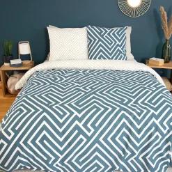 Linnea Parure de lit 240x220 cm pur coton PHOSY motif géométrique bleu 3 pièces
