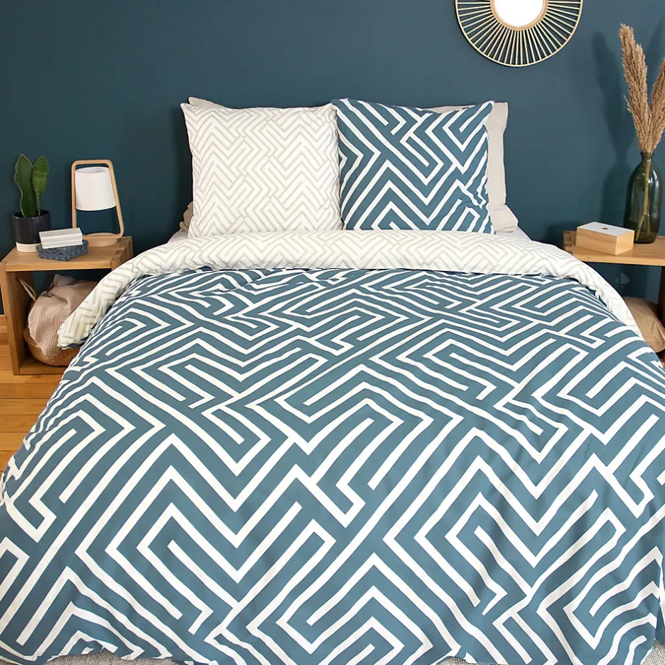 Linnea Parure de lit 240x220 cm pur coton PHOSY motif géométrique bleu 3 pièces