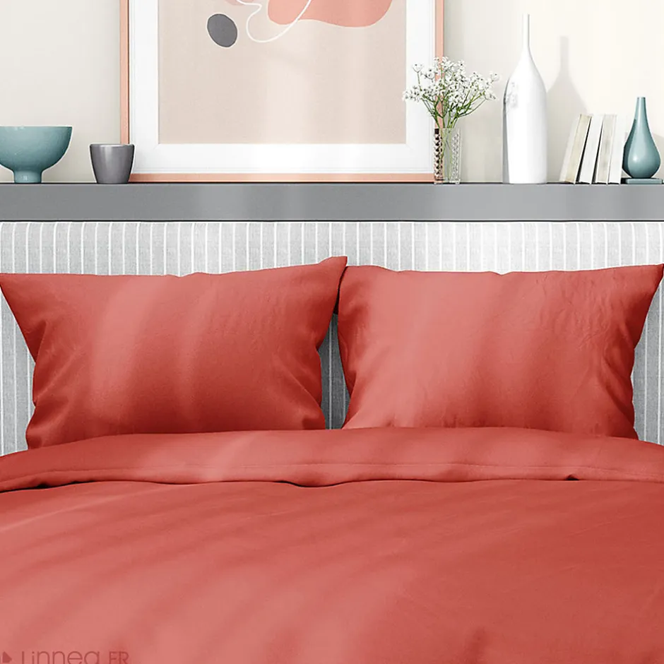 Linnea Parure de lit 260x240 cm satin de coton SAPRI rouge sienne 3 pièces