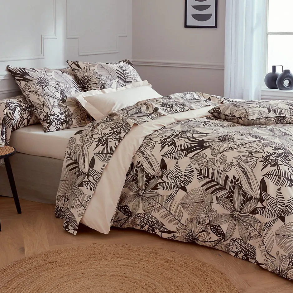 Linnea Parure de lit 140x200 cm taie 50x70 cm percale de coton ALBA beige/noir 2 pièces Discount