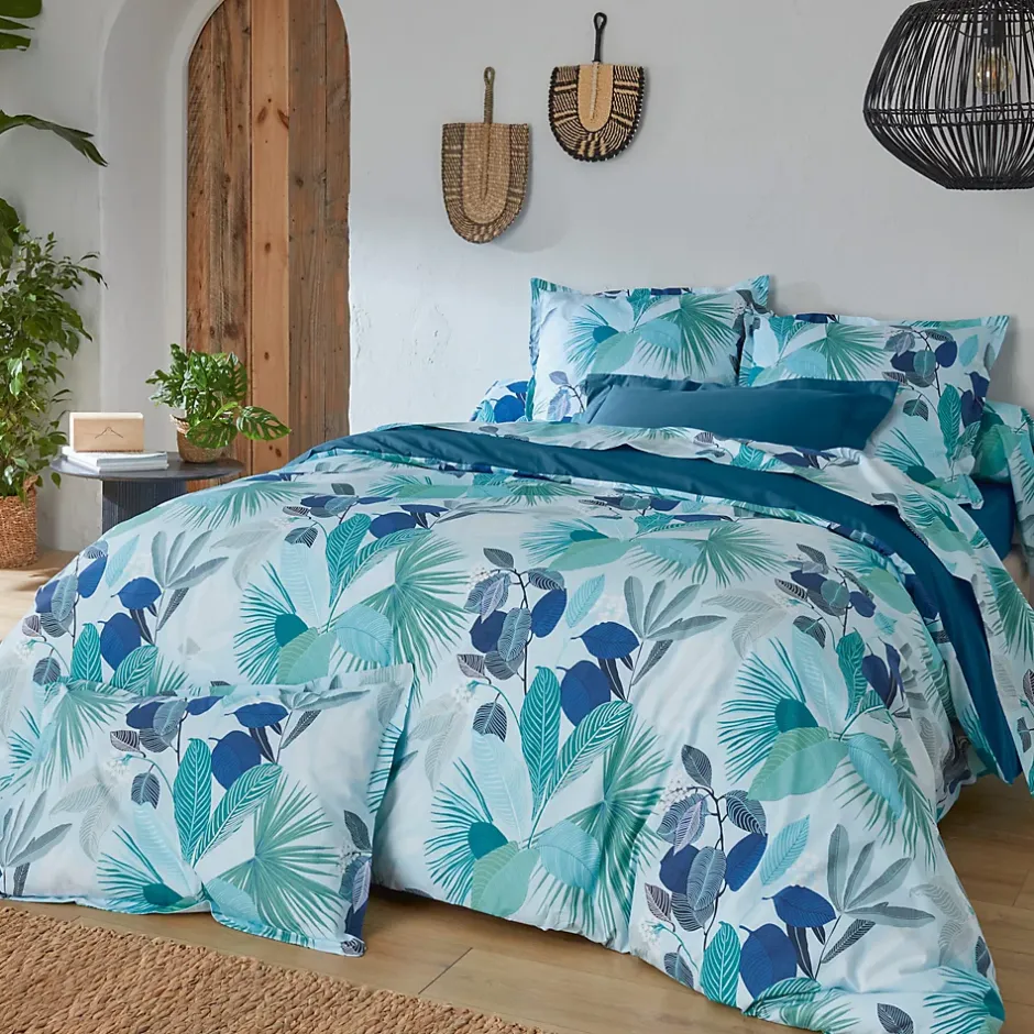 Linnea Parure de lit 260x240 cm taies 50x70 cm percale de coton MOOREA PACIFIC bleu/vert 3 pièces Outlet