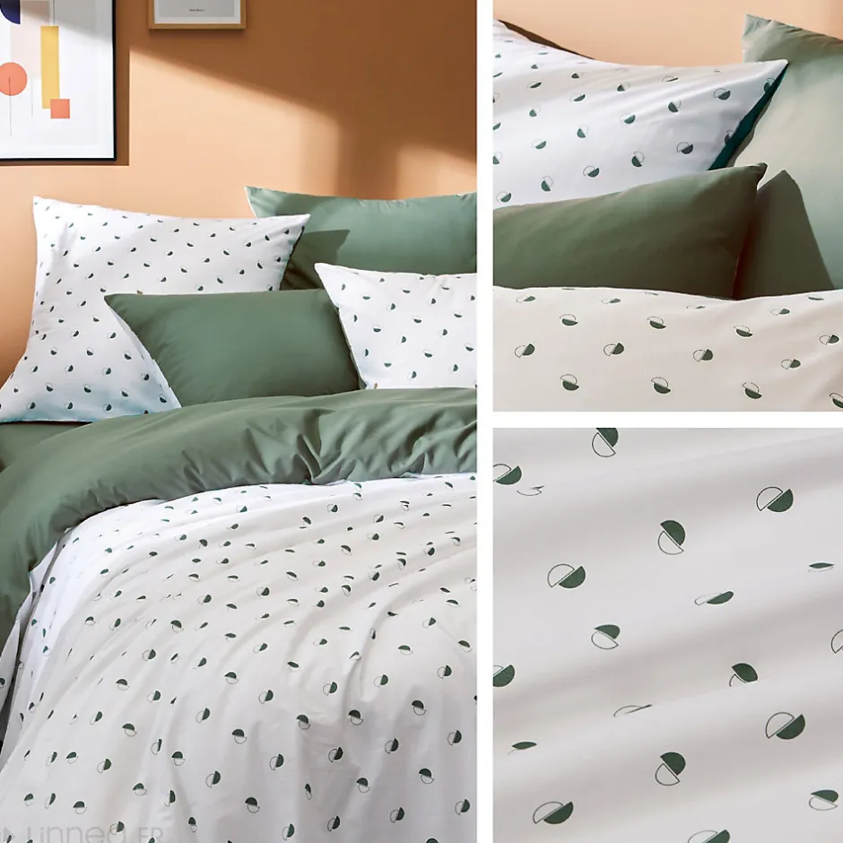 Linnea Parure de lit 140x200 cm 65x65 cm percale coton ALEX vert Kaki 2 pièces