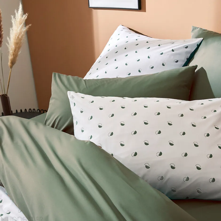 Linnea Parure de lit 140x200 cm 65x65 cm percale coton ALEX vert Kaki 2 pièces