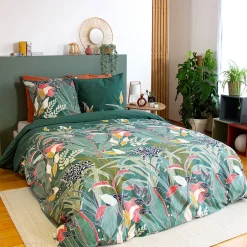 Linnea Parure de lit 240x220cm en coton GIGAJUNG vert motif tropical 3 pièces