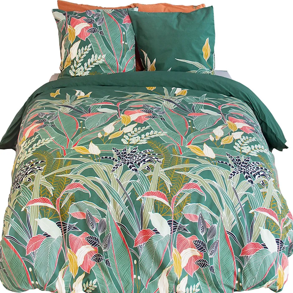 Linnea Parure de lit 240x220cm en coton GIGAJUNG vert motif tropical 3 pièces