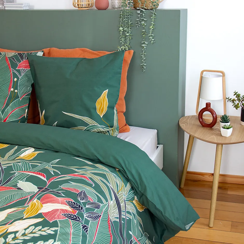 Linnea Parure de lit 240x220cm en coton GIGAJUNG vert motif tropical 3 pièces