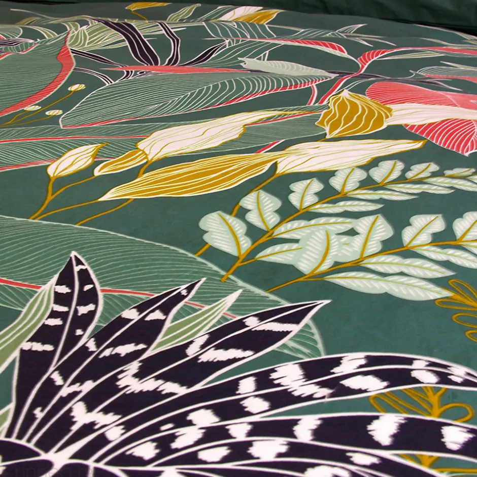 Linnea Parure de lit 240x220cm en coton GIGAJUNG vert motif tropical 3 pièces