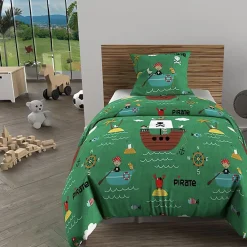Soleil D'Ocre Parure housse de couette 140x200 cm PIRATES vert, 100% coton 57 fils/cm2, par