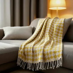 Sacasa Plaid jaune et blanc avec franges 130x170cm DROP -
