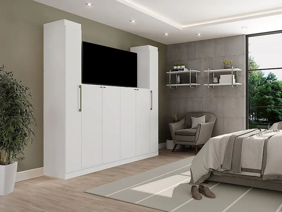 Vente-unique Pont de lit - 6 portes - Avec armoires et rangements - L216,5 cm - Blanc - ANTERO