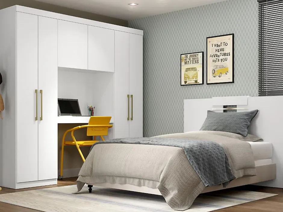 Vente-unique Pont de lit ANTERO - 6 portes - Avec armoires et rangements - L.200 cm - Blanc Discount