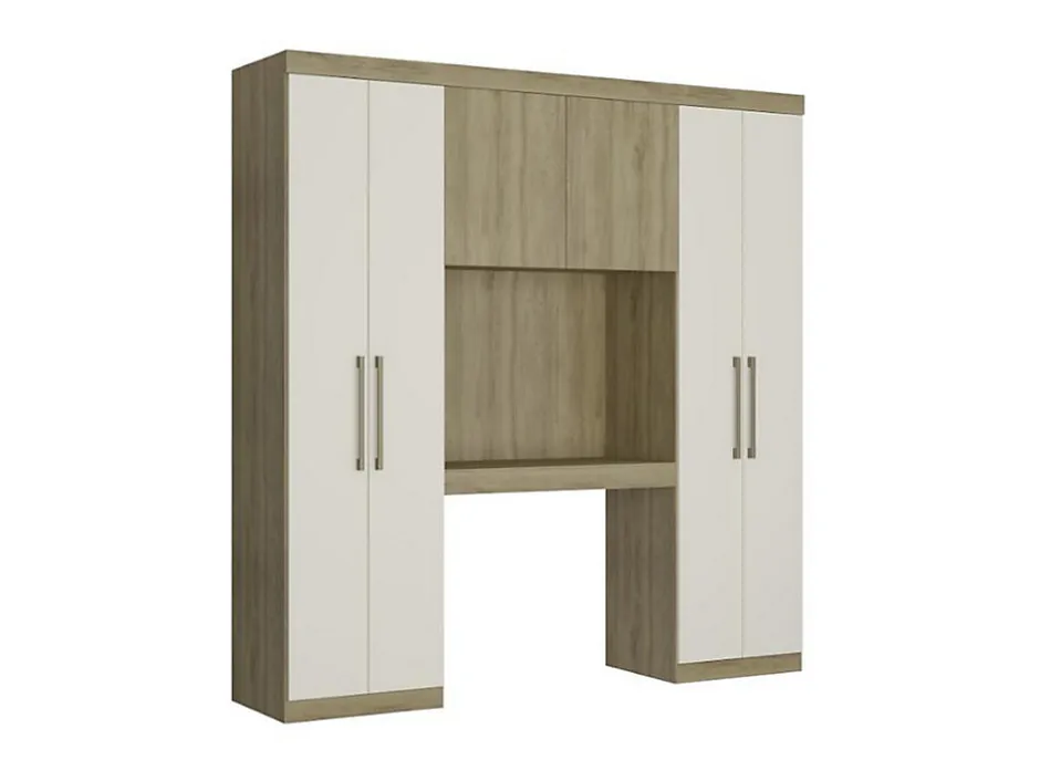 Vente-unique Pont de lit ANTERO II - 6 portes - Avec armoires et rangements - L.200 cm - Chêne et Ivoire