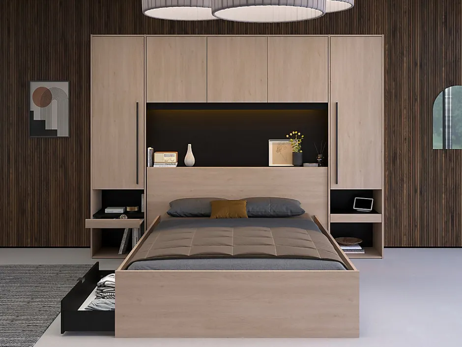 Vente-unique Pont de lit avec rangements - Avec LEDs - L265 cm - Coloris : Naturel et noir - VELONA