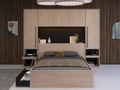 Vente-unique Pont de lit avec rangements - Avec LEDs - L265 cm - Coloris : Naturel et noir - VELONA