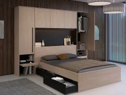 Vente-unique Pont de lit avec rangements - Avec LEDs - L265 cm - Coloris : Naturel et noir - VELONA