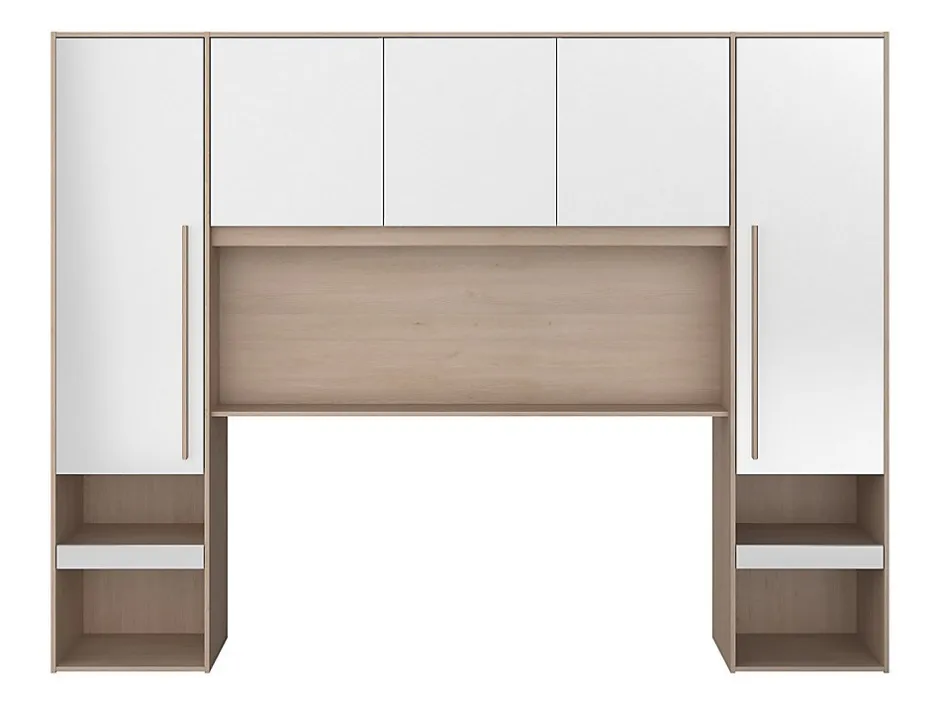 Vente-unique Pont de lit avec rangements - Avec LEDs - L265 cm - Coloris : Blanc brillant et naturel - VELONA