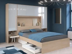 Vente-unique Pont de lit avec rangements - Avec LEDs - L265 cm - Coloris : Blanc brillant et naturel - VELONA