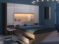Vente-unique Pont de lit avec rangements - Avec LEDs - L265 cm - Coloris : Blanc brillant et naturel - VELONA