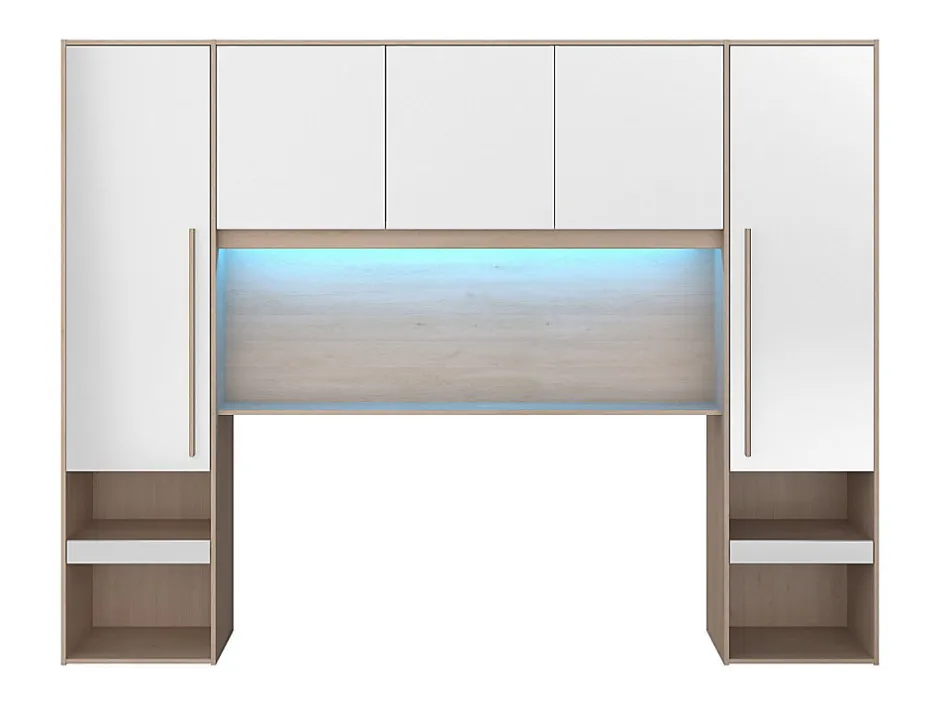 Vente-unique Pont de lit avec rangements - Avec LEDs - L265 cm - Coloris : Blanc brillant et naturel - VELONA