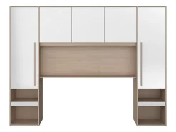 Vente-unique Pont de lit avec rangements - Avec LEDs - L265 cm - Coloris : Blanc brillant et naturel - VELONA