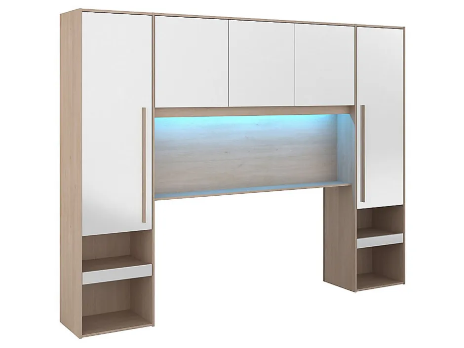 Vente-unique Pont de lit avec rangements - Avec LEDs - L265 cm - Coloris : Blanc brillant et naturel - VELONA