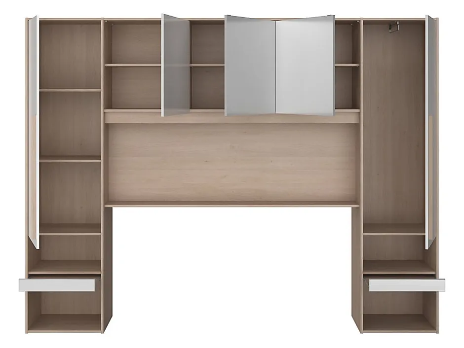 Vente-unique Pont de lit avec rangements - Avec LEDs - L265 cm - Coloris : Blanc brillant et naturel - VELONA