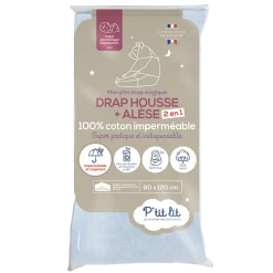 P’Tit Lit Protège Matelas Bébé 2 en 1 - Alèse + Drap Housse - 100% Coton - Imperméable et Respirant - Silencieux - Oeko Tex - Gris