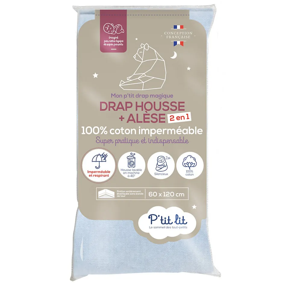 P’Tit Lit Protège Matelas Bébé 2 en 1 - Alèse + Drap Housse - 100% Coton - Imperméable et Respirant - Silencieux - Oeko Tex - Gris
