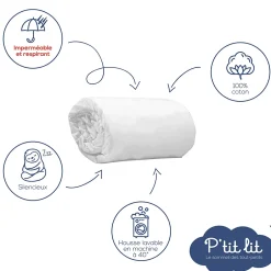 P’Tit Lit Protège Matelas Bébé 2 en 1 - Alèse + Drap Housse - 100% Coton - Imperméable et Respirant - Silencieux - Oeko Tex - Blanc Sale