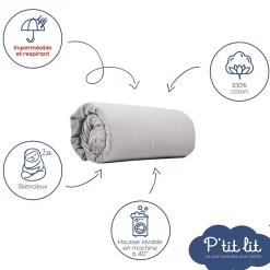 P’Tit Lit Protège Matelas Bébé 2 en 1 - Alèse + Drap Housse - 100% Coton - Imperméable et Respirant - Silencieux - Oeko Tex - Gris