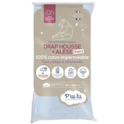 P’Tit Lit Protège Matelas Bébé 2 en 1 - Alèse + Drap Housse - 100% Coton - Imperméable et Respirant - Silencieux - Oeko Tex - Gris