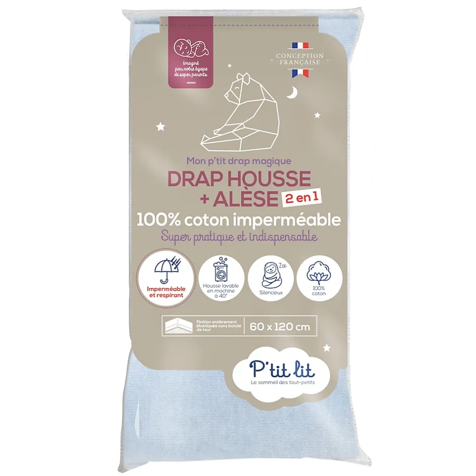 P’Tit Lit Protège Matelas Bébé 2 en 1 - Alèse + Drap Housse - 100% Coton - Imperméable et Respirant - Silencieux - Oeko Tex - Gris