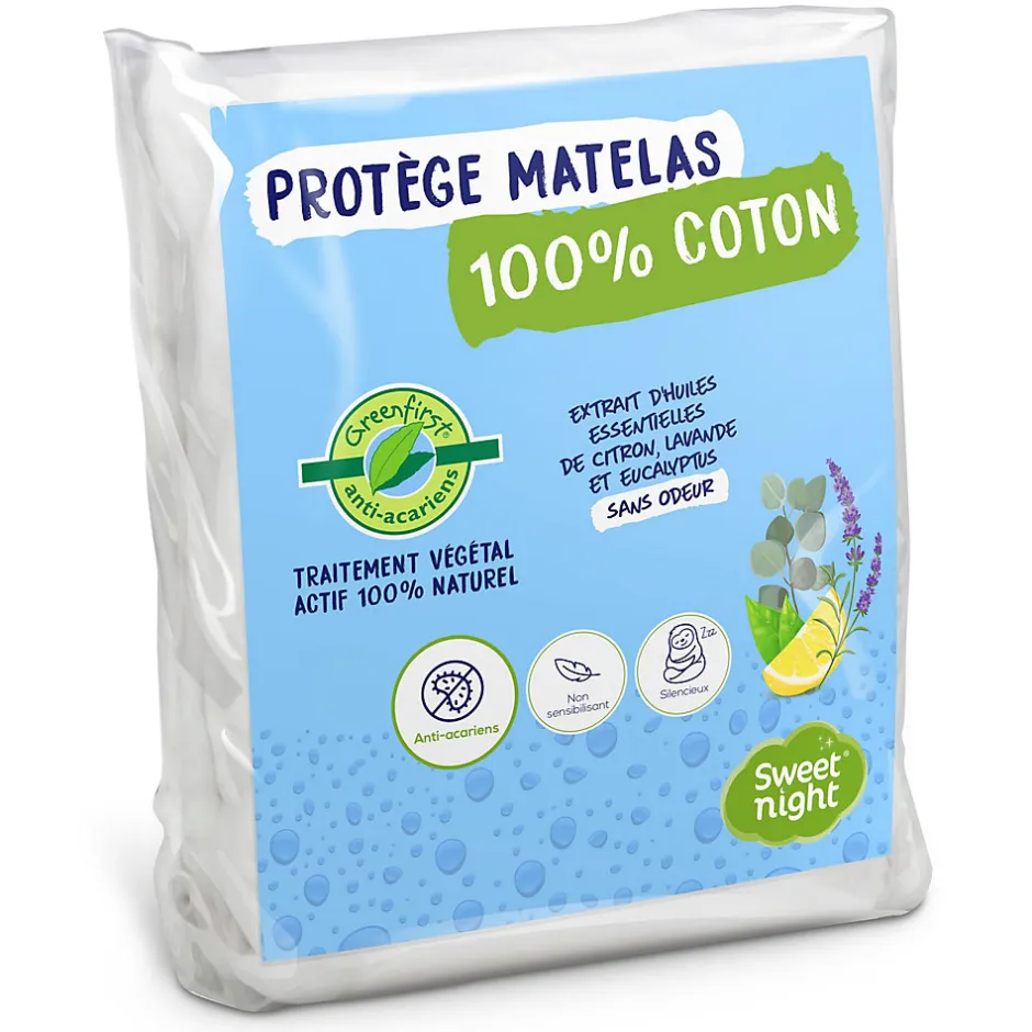 Sweetnight Protège Matelas 160x200 cm - Molleton 100% Coton - Traitement Végétal Anti-Acariens Greenfirst