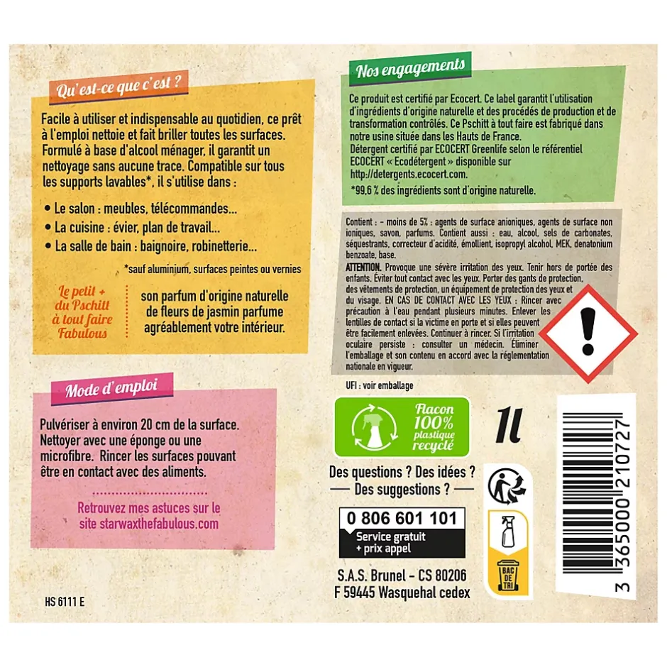 Starwax Pschitt à tout faire nettoyant multi-usages à l'alcool ménager The fabulous 1L Hot