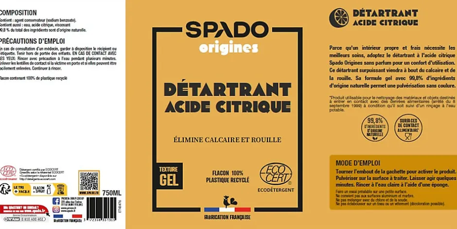 Gloss Pulvérisateur acide citrique 100% naturel Spado Origines 750 ml