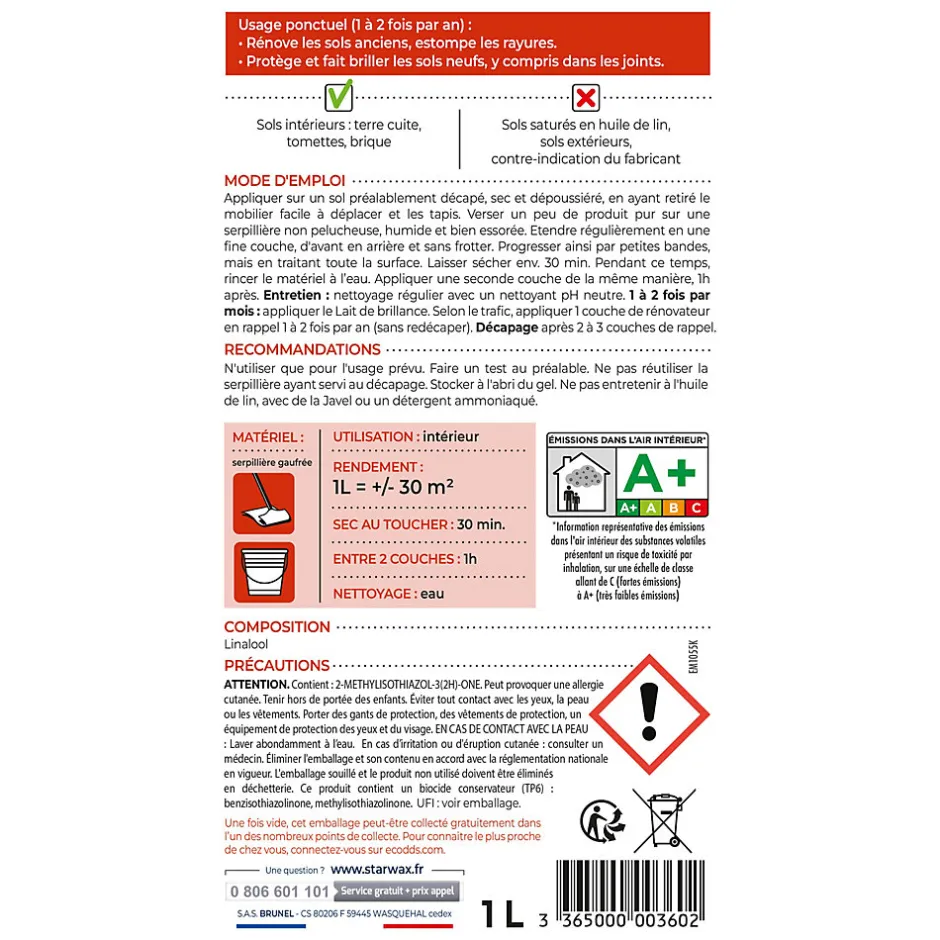 Starwax Rénovateur brillant protecteur tomettes et terres cuites 1L Sale