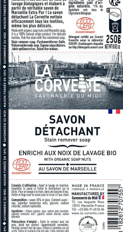 La Corvette Savon de Marseille détachant enrichi aux noix de lavage bio Savonnerie du midi 250g
