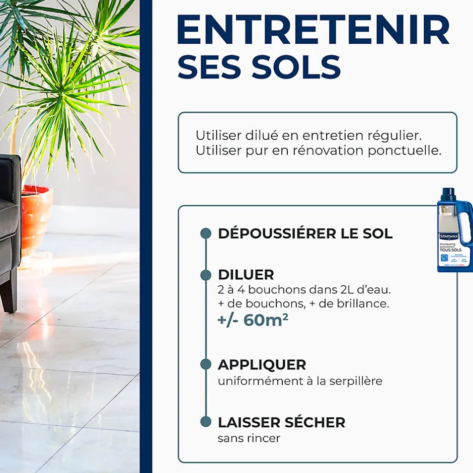 Starwax Shampoing autolustrant 2 en 1 tous sols intérieurs 1L