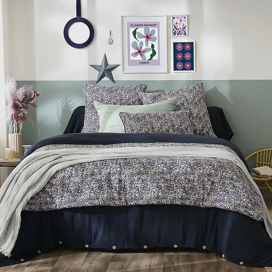 Altobuy SOIZIC - Chemin de Lit 90x200cm Gaze de Coton Imprimé Bleu-Violet Imprimé Fleurs Discount