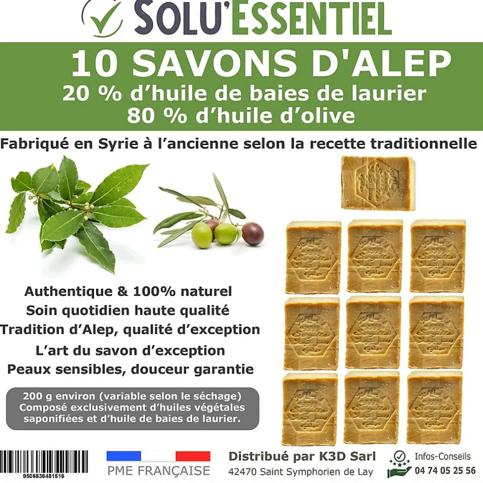 Tout Pour Les Nuisibles Solu Essentiel - Savon d Alep - 20% huile de baies de laurier - 80% huile d olive - Savon de 200g - lot de 10